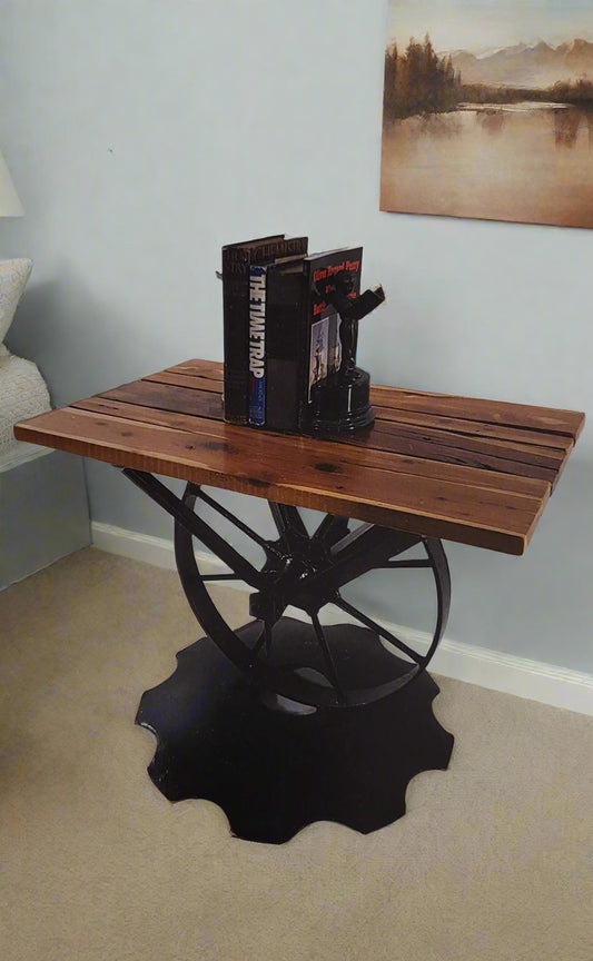 Handmade Eastern Red Cedar With Antique Metal Wheel Base Side Table