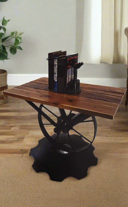 Handmade Eastern Red Cedar With Antique Metal Wheel Base Side Table